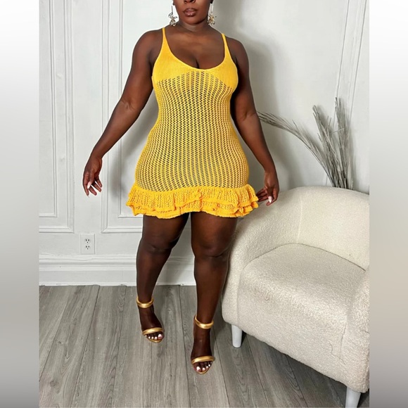 Yellow Knitted Mini Ruffled Hem dress - Picture 7 of 7